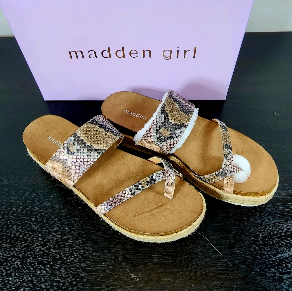 MADDEN GIRL size 8 grey/tan snakeskin print platform Espadrille sandals